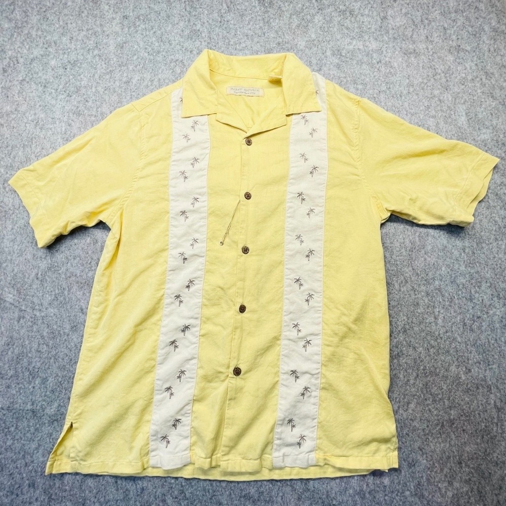 Island Republic Button Up Palm Tree Panels Silk Yellow Solid Mens Size M